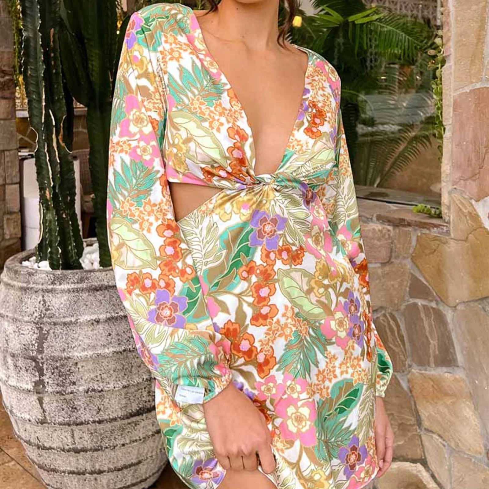 Mini dresses with tiered skirts for added volume Vintage Floral Print V-Neck Twist Front Long Sleeve Spring Fall Backless Mini Dress Mini dresses with tiered skirts for added volume Vintage Floral Print V-Neck Twist Front Long Sleeve Spring Fall Backless Mini Dress