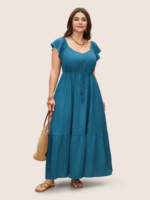 Solid Color Casual Dresses in Earth Tones​ Texture Drawstring Tie Knot Tassels Dress