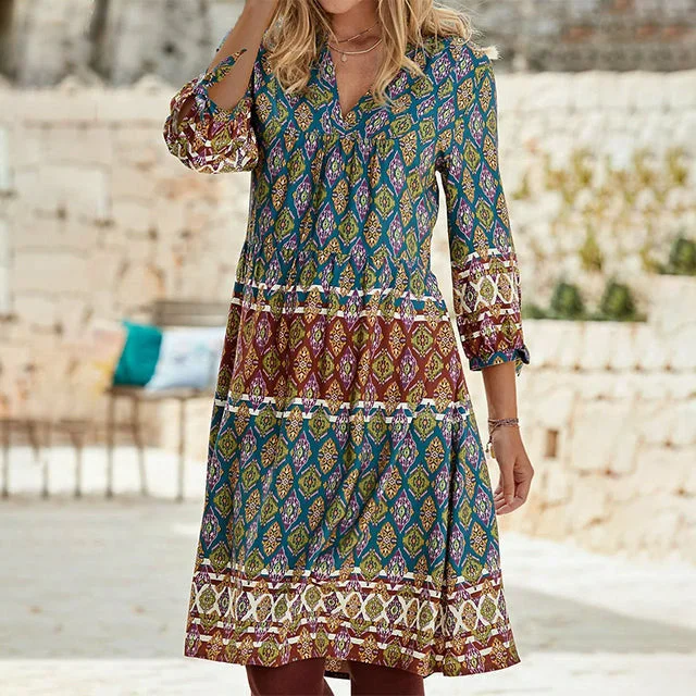 Metallic mini dresses for a glamorous event Vintage Ethnic Geometric Print Dress