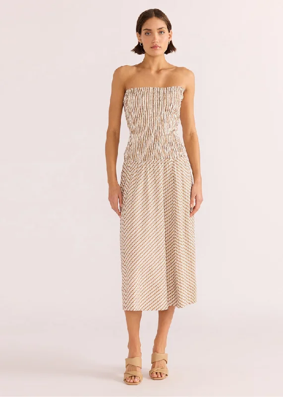 Baby Girl Casual Dresses for a Sweet Look​ MINKPINK Artemis Shirred Midi Dress- Tan Stripe