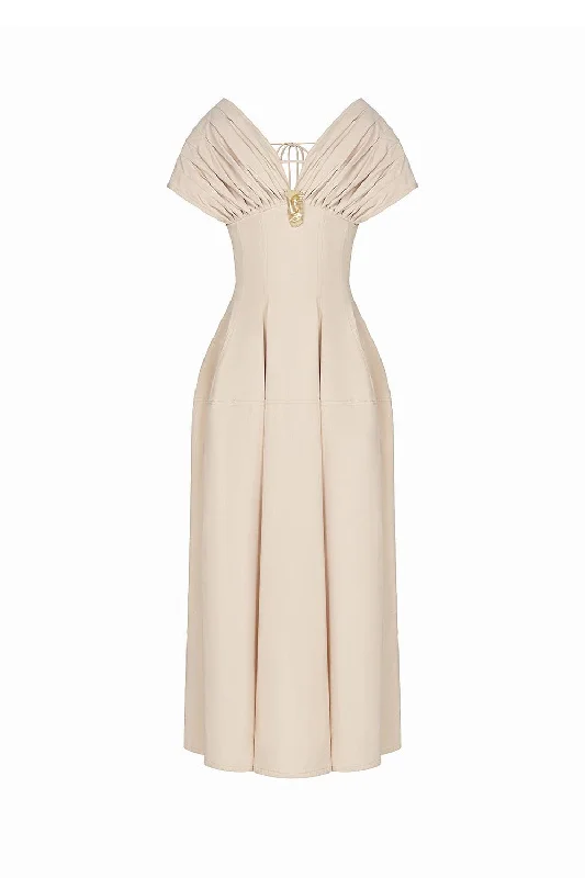 Boho Style Casual Dresses with Fringe Details​ Madeline A-line Pleated Shoulder Khaki Maxi Dress