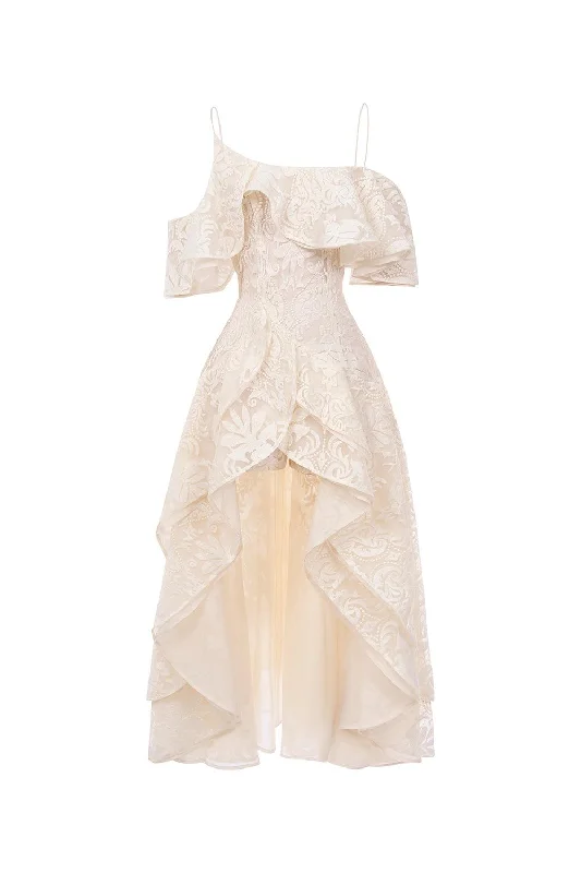 Concert - Wear Casual Dresses with a Fun Style Mermaid Asymmetric Cold Shoulder Sleeved Mesh Lace Ankle Length Dress Concert - Wear Casual Dresses with a Fun Style Mermaid Asymmetric Cold Shoulder Sleeved Mesh Lace Ankle Length Dress
