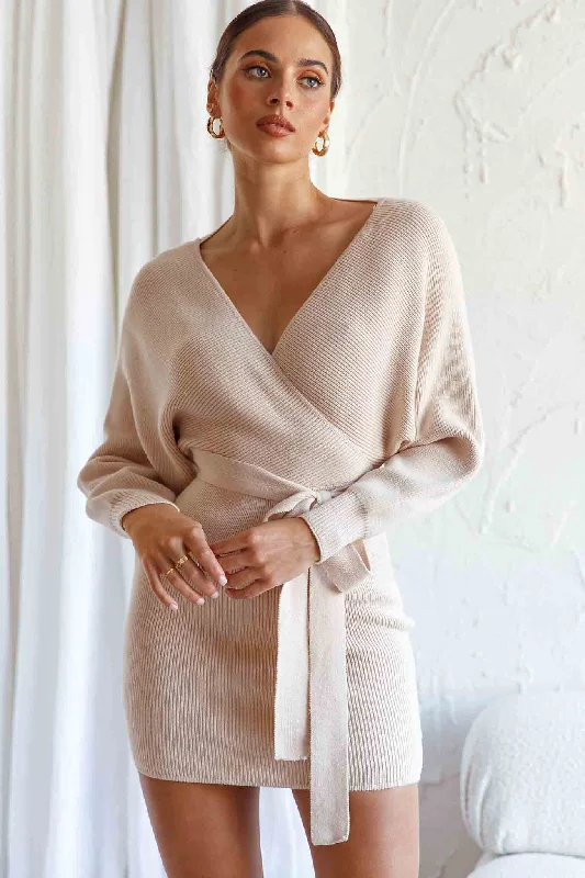 Mini dresses with beaded embellishments for a fancy event Cameo Long Batwing Knit Dress Nude