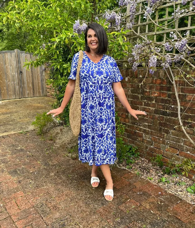 Button - Down Casual Dresses for a Classic Vibe​ Blue Ikat Baroque Print Floral Midi Dress