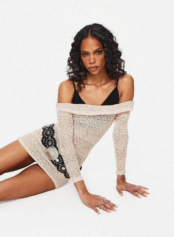 Mini dresses with polka dot patterns Harrien Off The Shoulder Mini Dress Beige