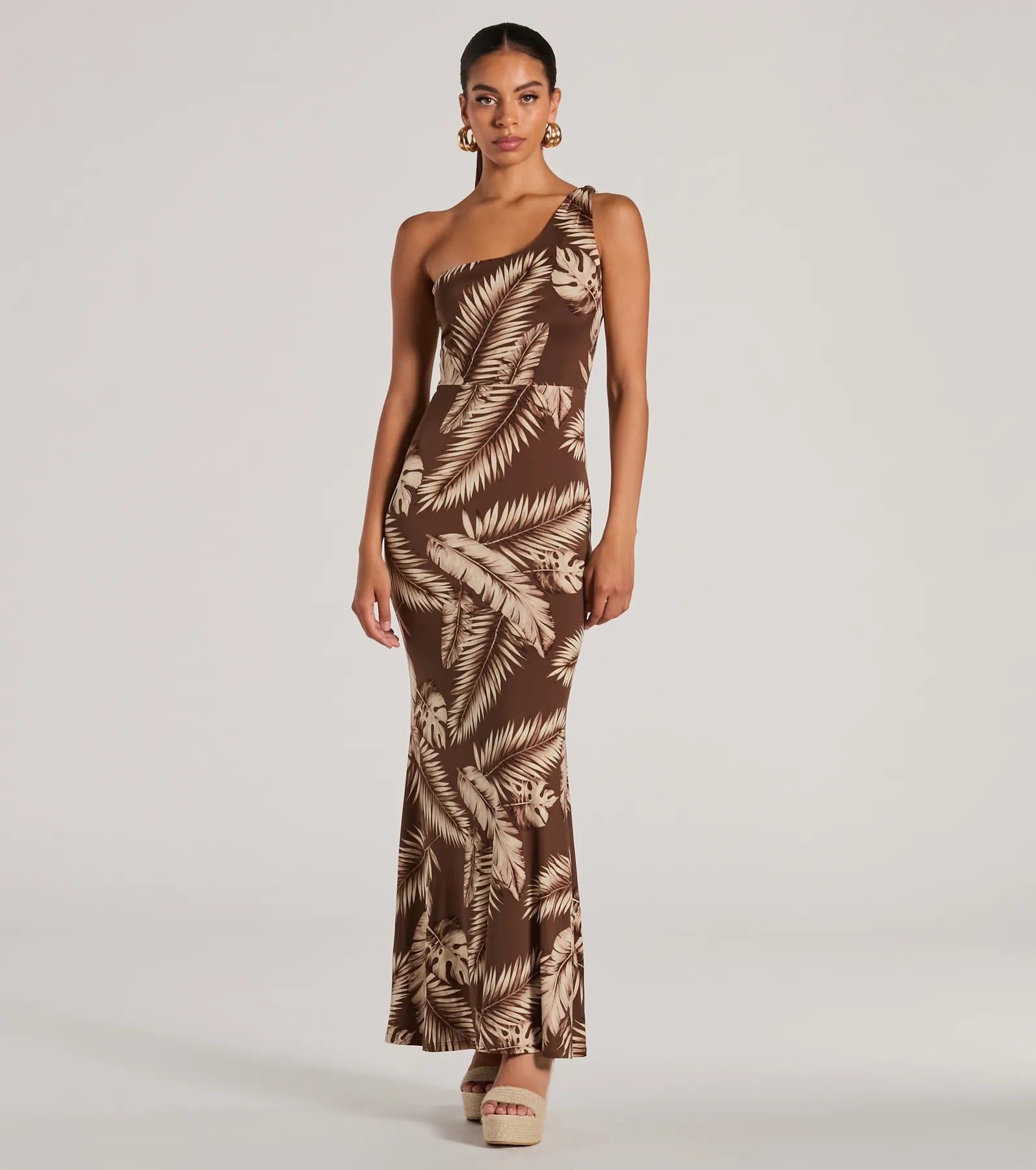 Knit Casual Dresses in Chunky Patterns​ Out Of Office One Shoulder Tropical Maxi Dress