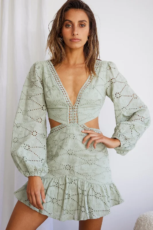 Mini dresses with belted waists for a defined silhouette Santorini Sunset Balloon Sleeve Cut-Out Eyelet Dress Sage Mini dresses with belted waists for a defined silhouette Santorini Sunset Balloon Sleeve Cut-Out Eyelet Dress Sage