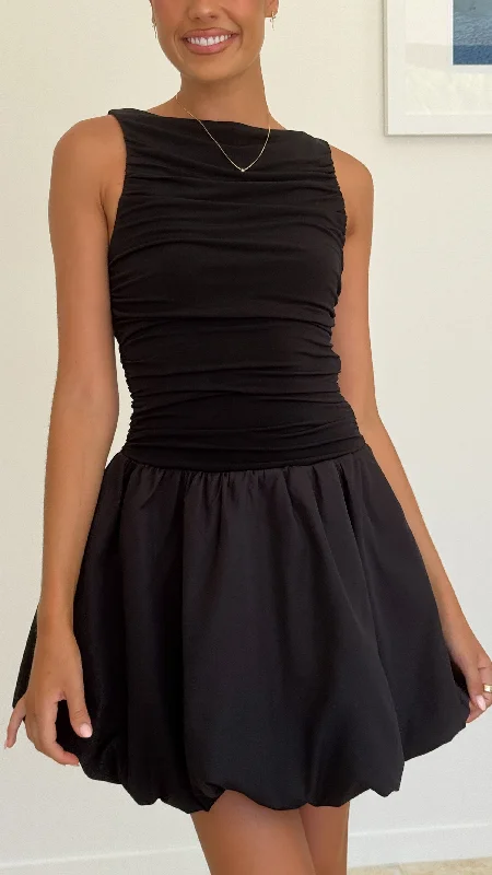 Mini dresses with pom - pom trims for a playful feel Meera Boat Neck Mini Dress - Black