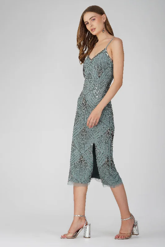 Pleated Casual Dresses for a Structured Look​ Penelope Embellished Midi Dress in Teal