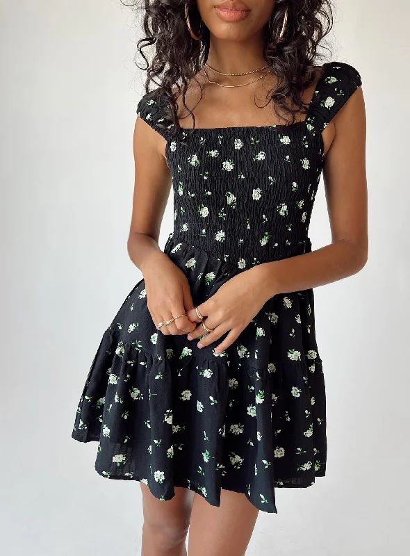 Leather - Look Casual Dresses for a Tough Style Cedarwood Mini Dress Black / Floral Leather - Look Casual Dresses for a Tough Style Cedarwood Mini Dress Black / Floral
