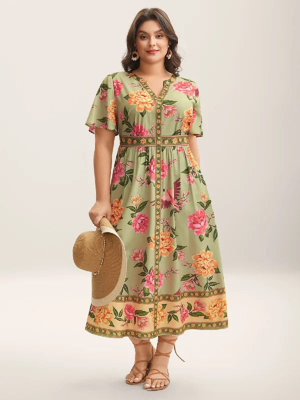 Midi Casual Dresses in Trendy Patterns​ Floral Contrast Hem Split Neck Midi Dress