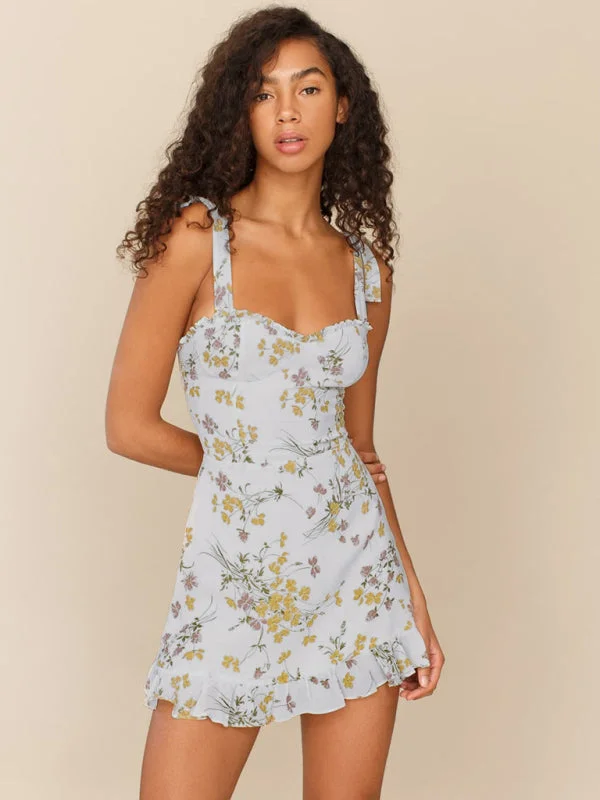 Sequined mini dresses for New Year's Eve Kayla Fresh Floral print slim-fit Short Tie Dress