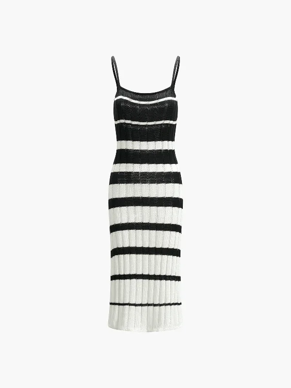 Rayon Casual Dresses for a Soft Feel​ Two-Tone Striped Midi Sweater Dress
