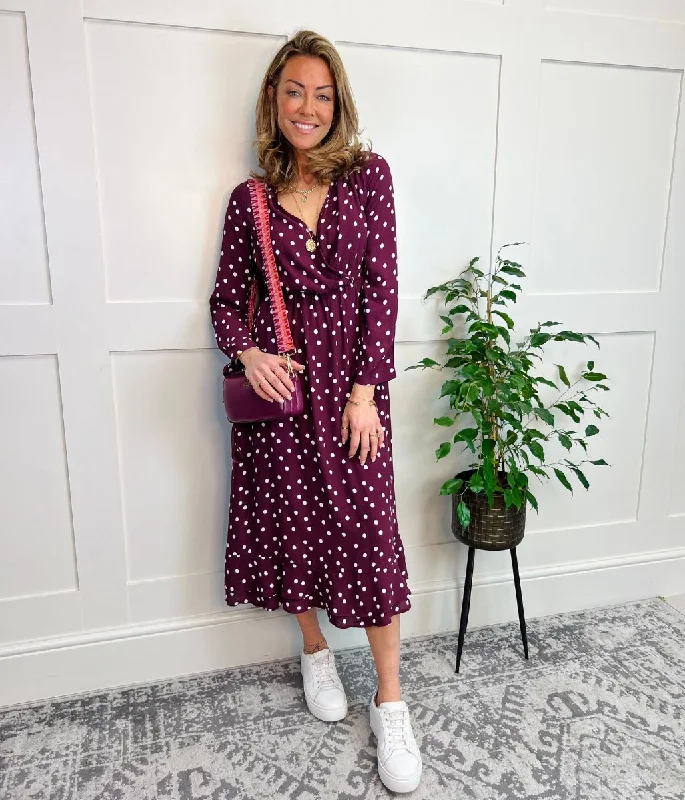 Custom - Made Casual Dresses for a Personalized Fit Burgundy Spotted Print Wrap Midi Dress Custom - Made Casual Dresses for a Personalized Fit Burgundy Spotted Print Wrap Midi Dress