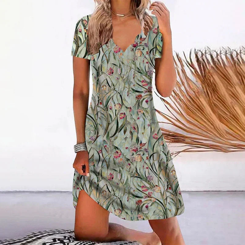 Mini dresses with pleated skirts for a classic look Romantic Floral Print V-Neck Dress
