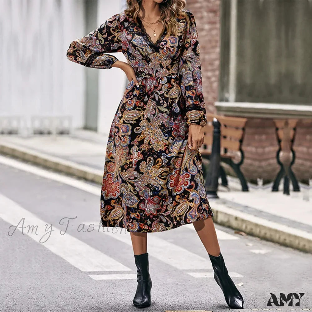 Work - from - Home Casual Dresses for Comfort and Style Amy Fashion - Autumn Sweet Fresh Bohemian Long Sleeve Floral Boho Dress Work - from - Home Casual Dresses for Comfort and Style Amy Fashion - Autumn Sweet Fresh Bohemian Long Sleeve Floral Boho Dress