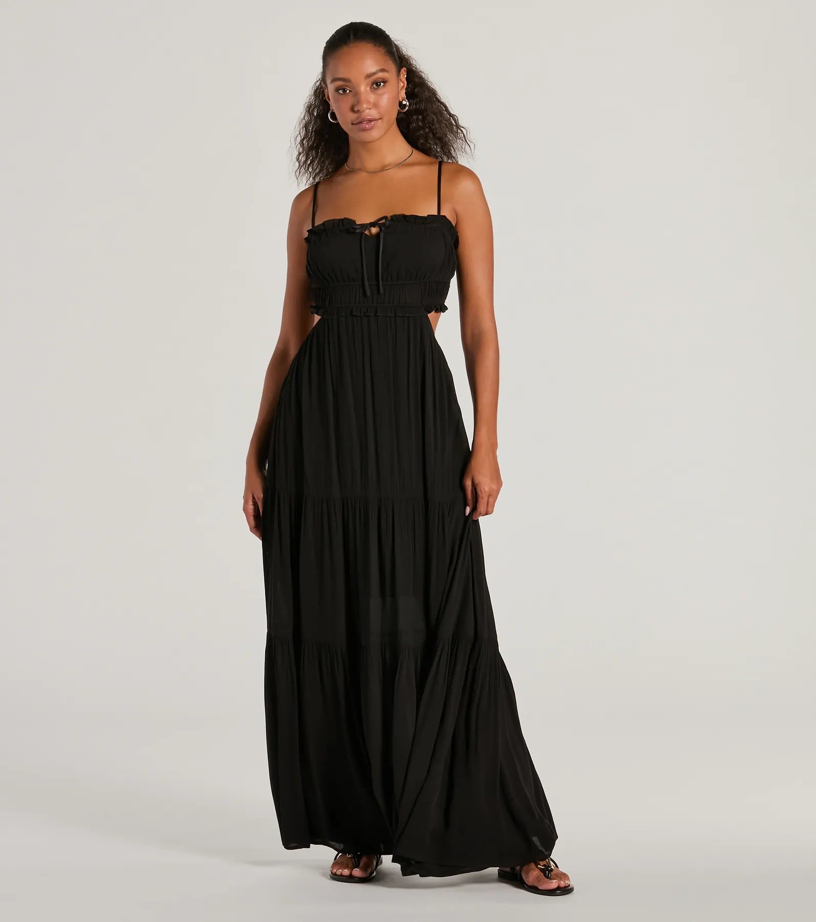 Knit Casual Dresses in Chunky Patterns​ Breezy Look Ruffled Cutout Woven Maxi Dress
