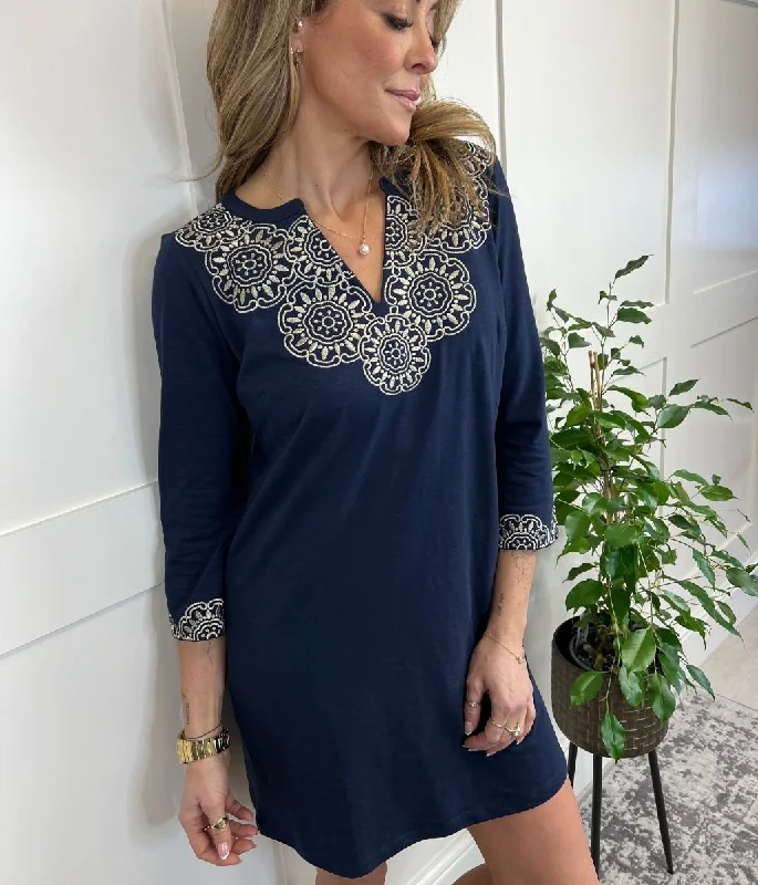 Beaded Casual Dresses for a Decorative Touch​ Navy Embroidered Tunic Dress