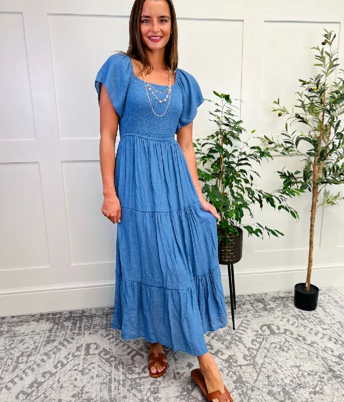 Stretchable Casual Dresses for a Flexible Fit​ Denim Shirred Bodice Tiered Dress