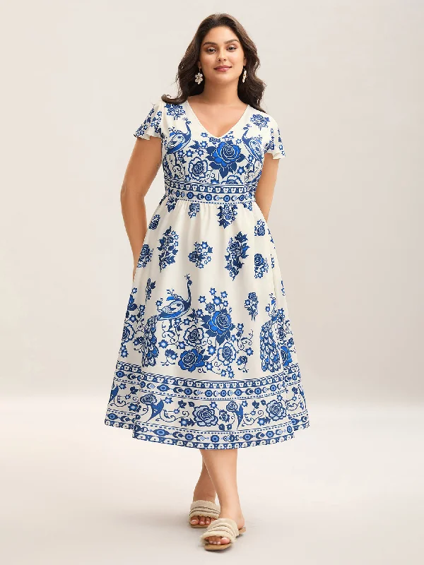 Winter - Warm Casual Dresses with Lined Fabrics​ Boho Print V-Neck Pockets Midi Dress
