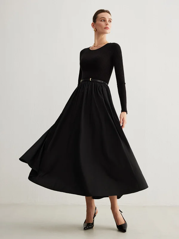 Mini Casual Dresses with Ruffled Hem​ Plain Belted Pleated Panel Dress