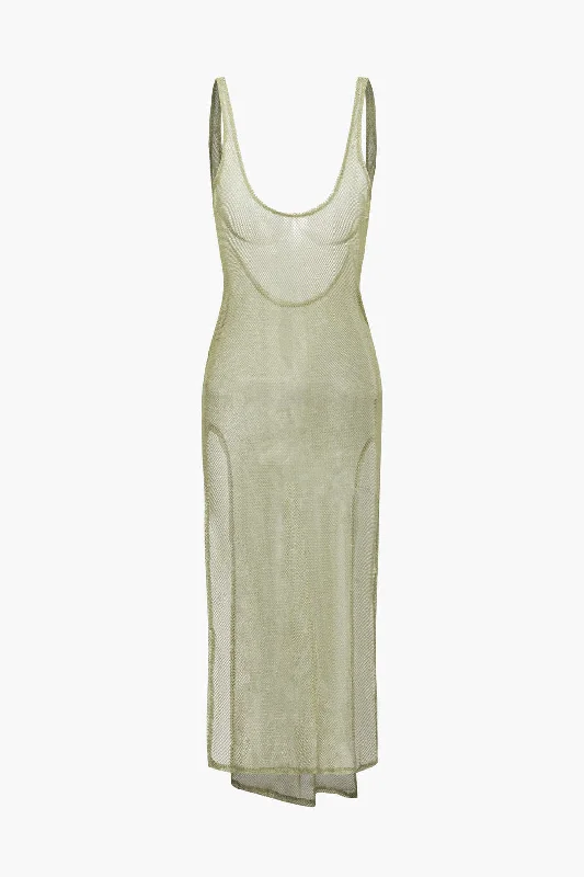 Feathered - Trimmed Casual Dresses for a Dramatic Look​ Sheer Mesh Slit Cover-up Dress