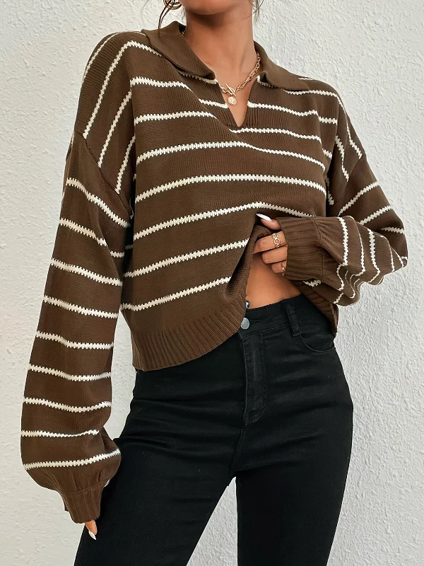 Stretchable Casual Dresses for a Flexible Fit​ Contrast Striped Lapel Short Sweater