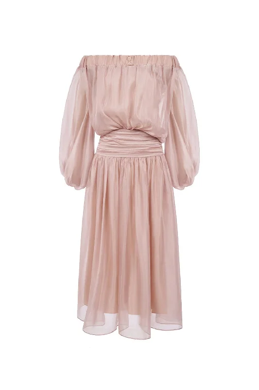 Picnic - Ready Casual Dresses in Bright Colors Lucent Blouson Off-Shoulder Silk Organza Maxi Dress Picnic - Ready Casual Dresses in Bright Colors Lucent Blouson Off-Shoulder Silk Organza Maxi Dress
