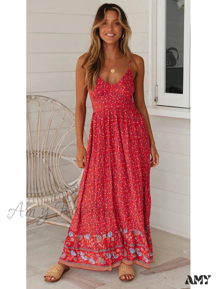 Feathered - Trimmed Casual Dresses for a Dramatic Look​ Amy Fashion - Elegant Floral V-Neck Sleeveless Boho Dress