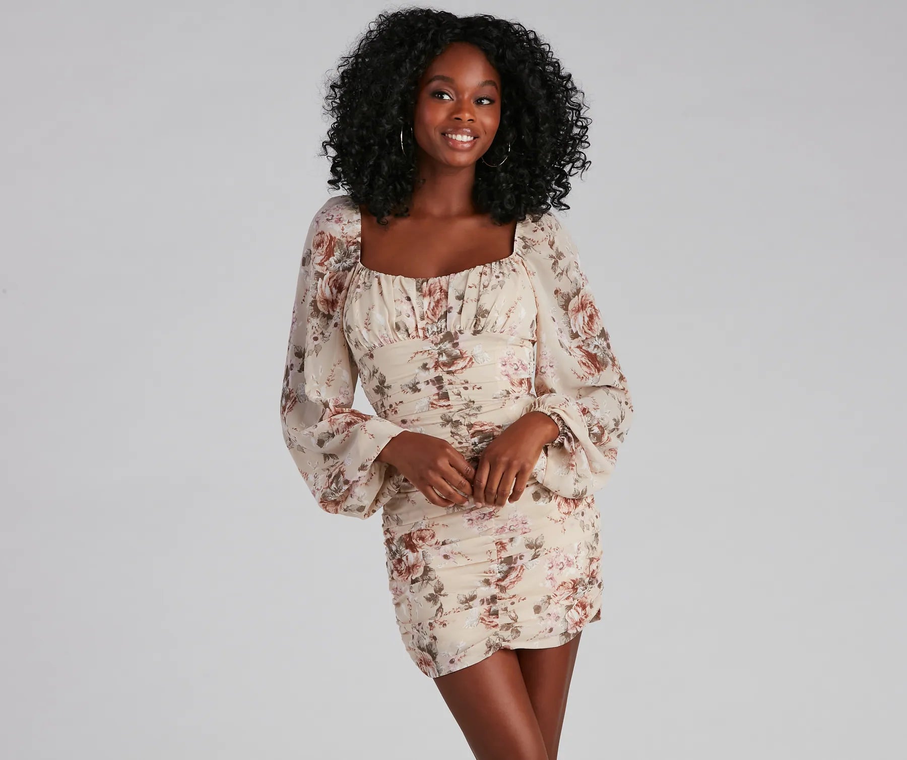Sheer mini dresses with lace inserts Vintage Rose Crepe Ruched Mini Dress