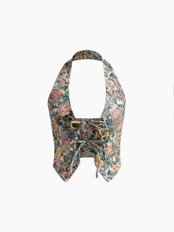 Lace - Trimmed Casual Dresses for a Delicate Touch​ Printed Sexy Halter Tie Front Vest