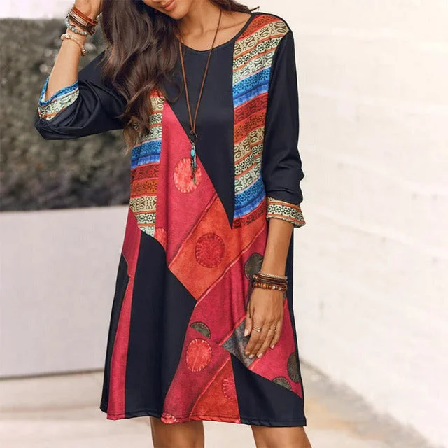 Mini dresses with patchwork designs for a unique style Vintage Bohemian Printed Dress