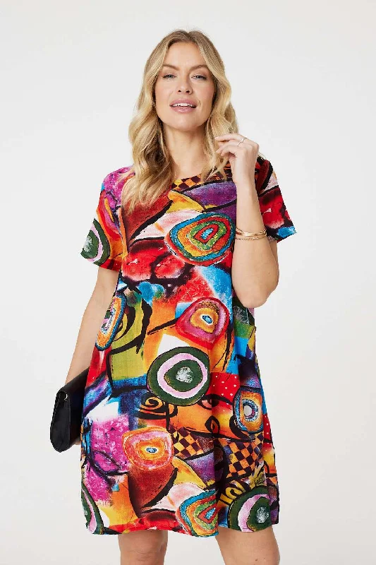 Detachable - Sleeve Casual Dresses for Versatility​ Abstract Print Relaxed Dress