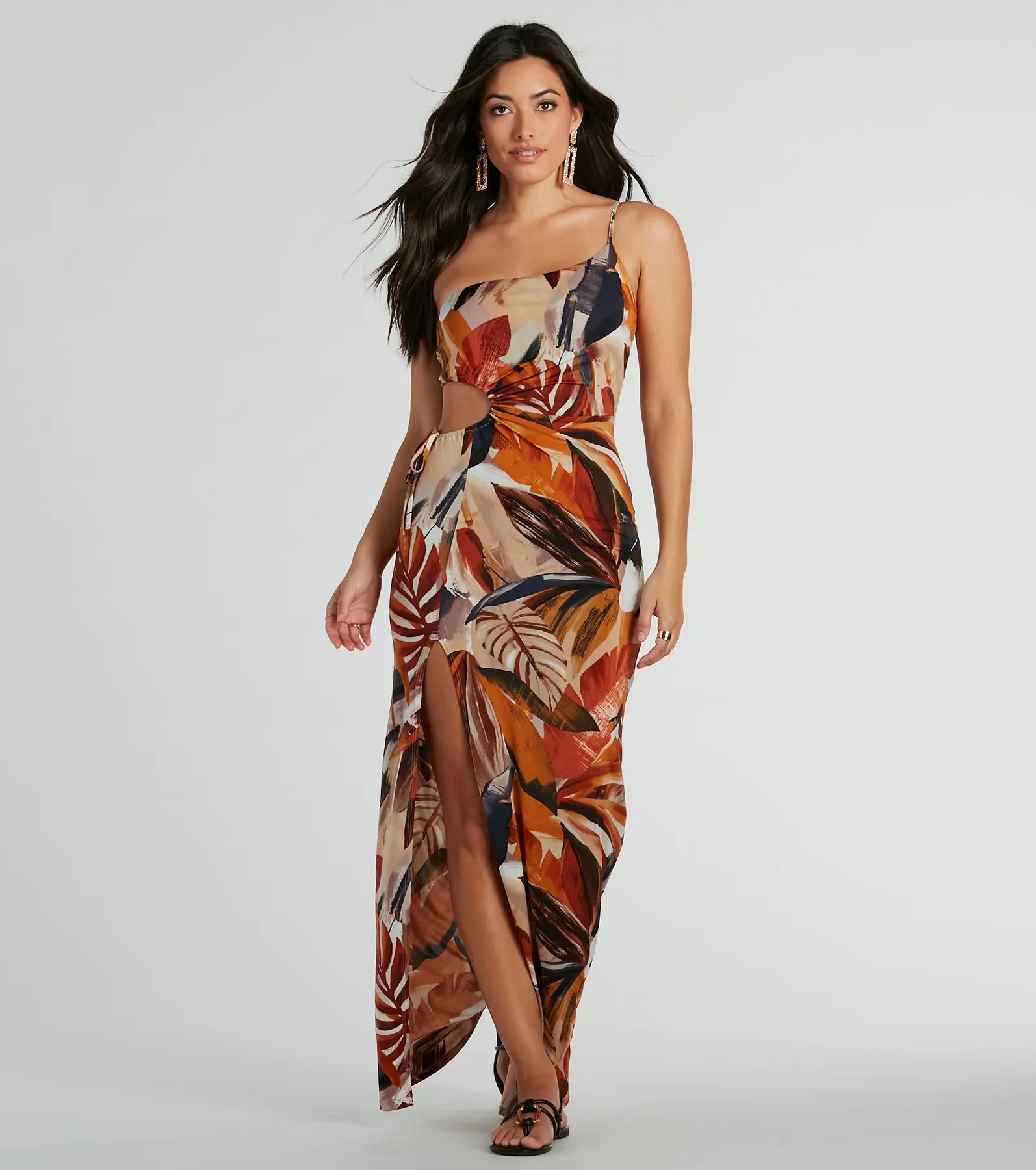 Feathered - Trimmed Casual Dresses for a Dramatic Look Pretty In Paradise One-Shoulder Tropical Maxi Dress Feathered - Trimmed Casual Dresses for a Dramatic Look Pretty In Paradise One-Shoulder Tropical Maxi Dress