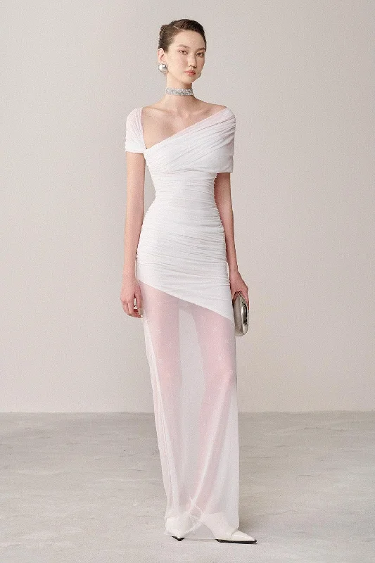 Button - Down Casual Dresses for a Classic Vibe Tolvin Gathered Diagonal Neck Organza Spandex Maxi Dress Button - Down Casual Dresses for a Classic Vibe Tolvin Gathered Diagonal Neck Organza Spandex Maxi Dress