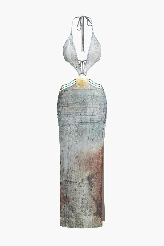 Wrap - Style Casual Dresses for Easy Wear Watercolor Print Mesh Bead Backless Tie-Up Maxi Dress Wrap - Style Casual Dresses for Easy Wear Watercolor Print Mesh Bead Backless Tie-Up Maxi Dress