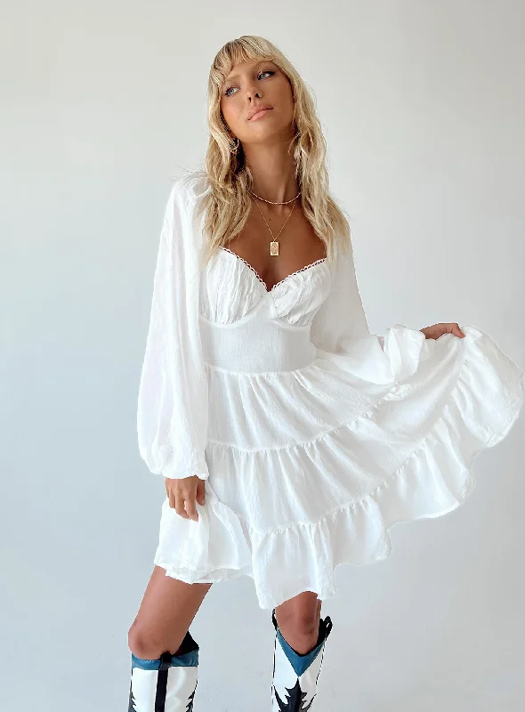 Feathered - Trimmed Casual Dresses for a Dramatic Look Danny Long Sleeve Mini Dress White Feathered - Trimmed Casual Dresses for a Dramatic Look Danny Long Sleeve Mini Dress White