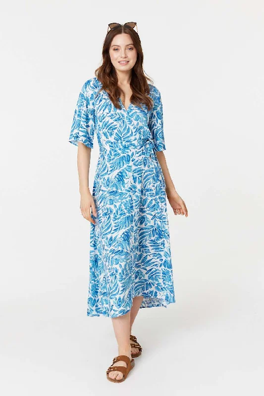 Picnic - Ready Casual Dresses in Bright Colors​ Leaf Print 1/2 Sleeve Wrap Dress