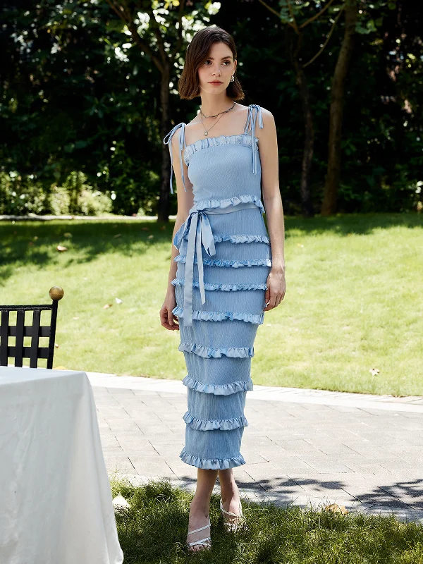 Tie - Dye Casual Dresses for a Retro Style​ Lettuce Trim Knotted Cami Midi Dress