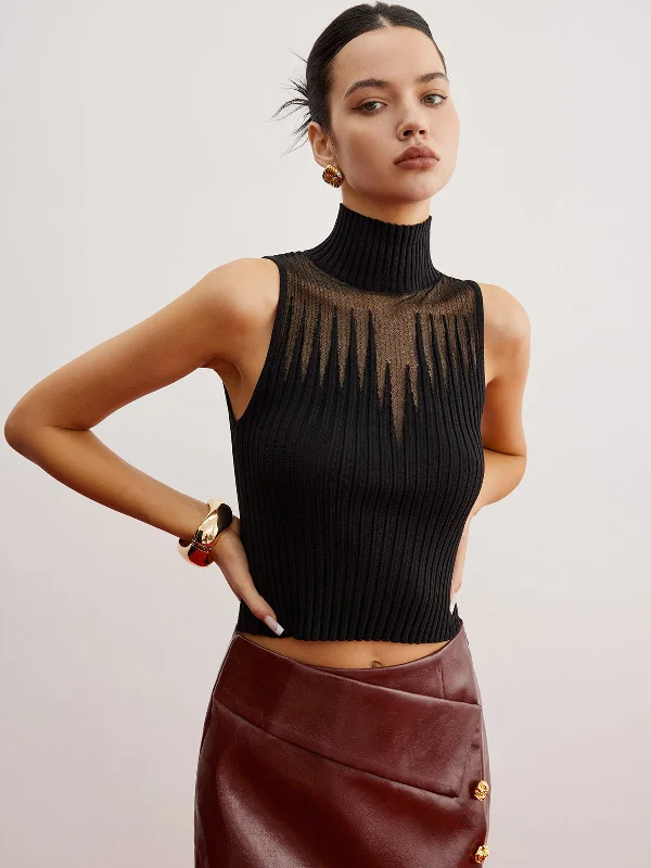 Denim - Patchwork Casual Dresses for a Unique Design​ Crop Sheer Panel Sweater Vest