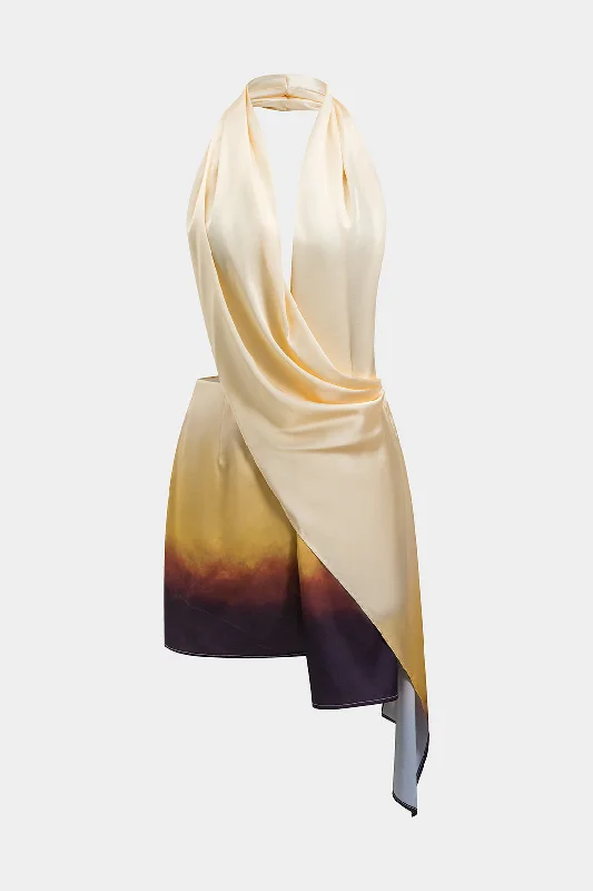 Beach Casual Dresses with a Breezy Design Ombre Print Satin Ruched Asymmetrical Backless Mini Dress Beach Casual Dresses with a Breezy Design Ombre Print Satin Ruched Asymmetrical Backless Mini Dress