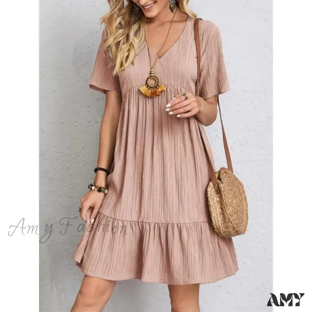 Knit Casual Dresses in Chunky Patterns Amy Fashion - Solid V-Neck Short Sleeve Ruffles Boho Dress Knit Casual Dresses in Chunky Patterns Amy Fashion - Solid V-Neck Short Sleeve Ruffles Boho Dress
