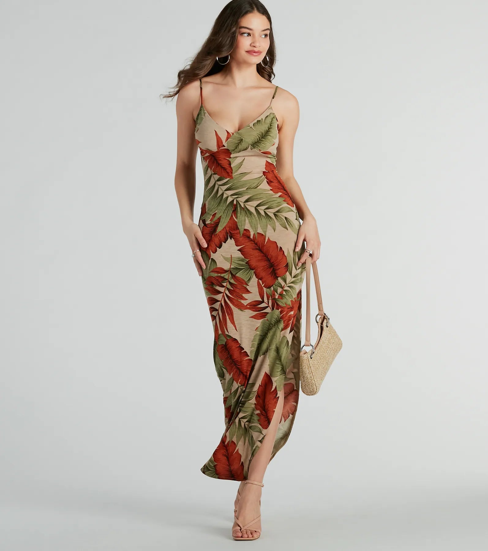 Metallic - Accented Casual Dresses for a Shiny Finish Vacay Vibes High Slit Tropical Knit Maxi Dress Metallic - Accented Casual Dresses for a Shiny Finish Vacay Vibes High Slit Tropical Knit Maxi Dress