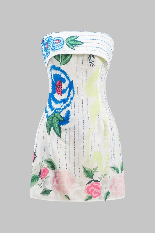 Party Casual Dresses for a Night Out​ Floral Print Sleeveless Zipper Strapless Mini Dress