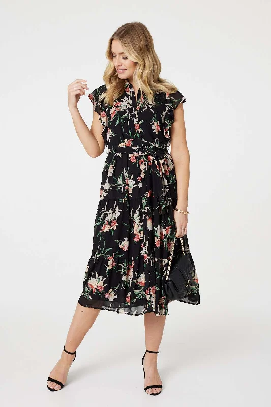 Custom - Made Casual Dresses for a Personalized Fit Floral Angel Sleeve Shirt Dress