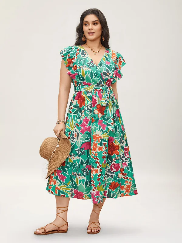 Celebrity - Inspired Casual Dresses for a Fashionable Look Floral Wrap Patchwork Ruffle Cap Sleeve Dress Celebrity - Inspired Casual Dresses for a Fashionable Look Floral Wrap Patchwork Ruffle Cap Sleeve Dress