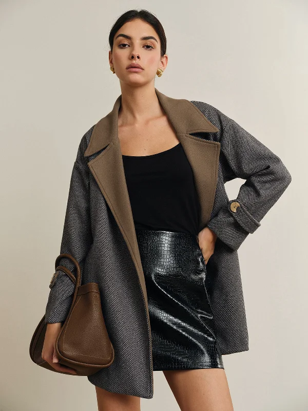 Denim - Patchwork Casual Dresses for a Unique Design​ Oversized Contrast Collar Belted Wool Coat