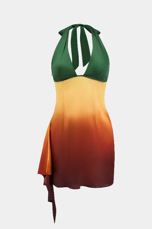 Hat - Friendly Casual Dresses for Outdoor Outfits​ Ombre Print Satin Ruffle Tie Up Backless Mini Dress