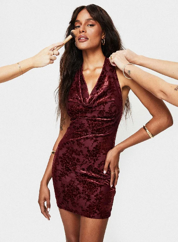 Metallic mini dresses for a glamorous event Carlso Halter Mini Dress Burgundy