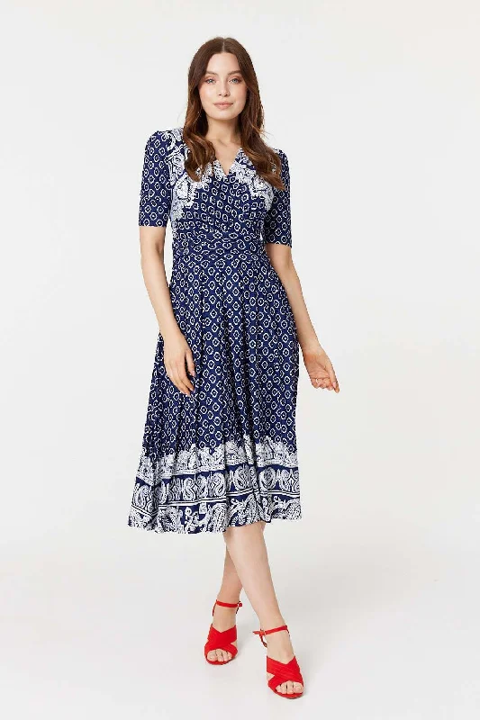 Bamboo - Fiber Casual Dresses for an Eco - Friendly Option​ Printed 1/2 Sleeve Midi Dress